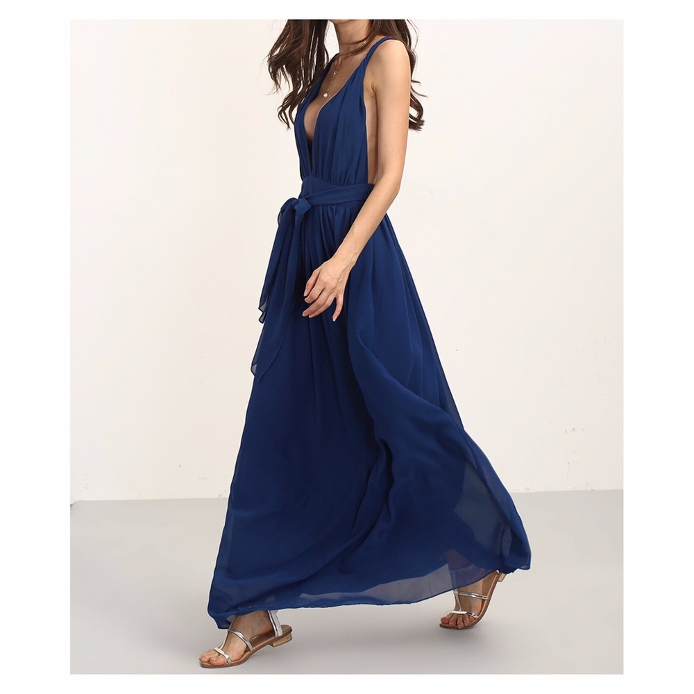 Navy Blue Plunge Deep V Neck Tie Waist Maxi Dress - Picture 4 of 8
