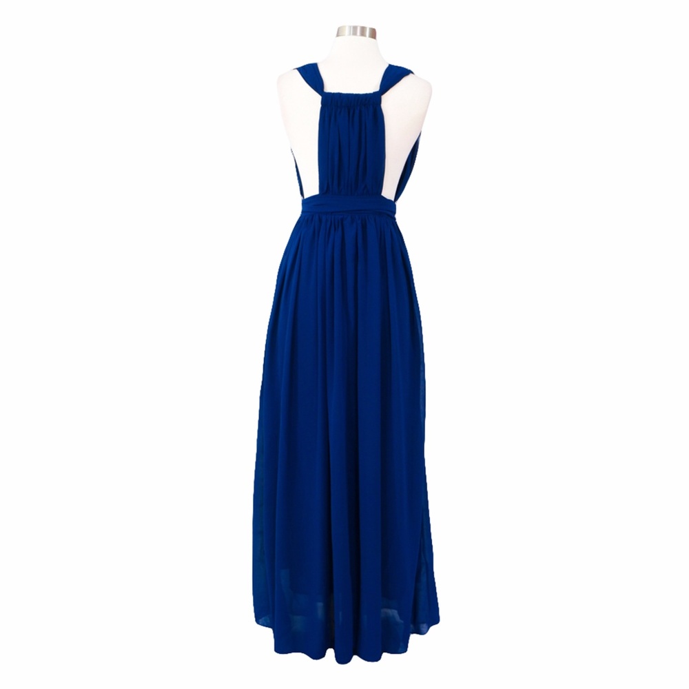 Navy Blue Plunge Deep V Neck Tie Waist Maxi Dress - Picture 8 of 8