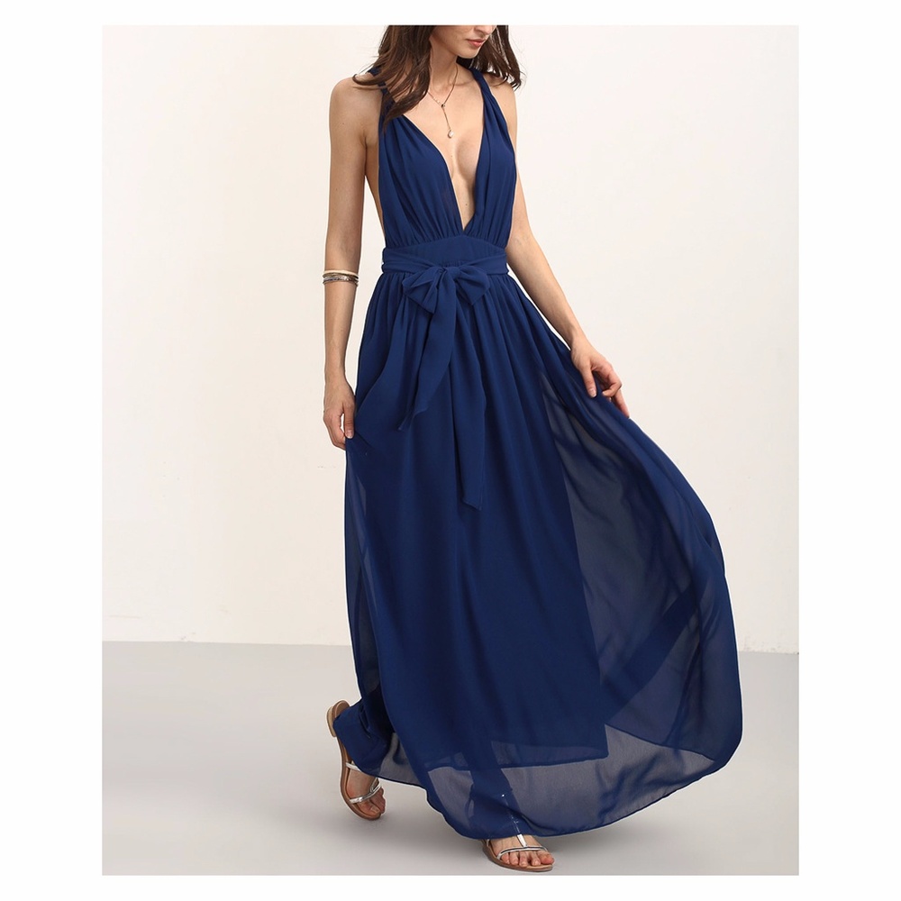 Navy Blue Plunge Deep V Neck Tie Waist Maxi Dress - Picture 2 of 8