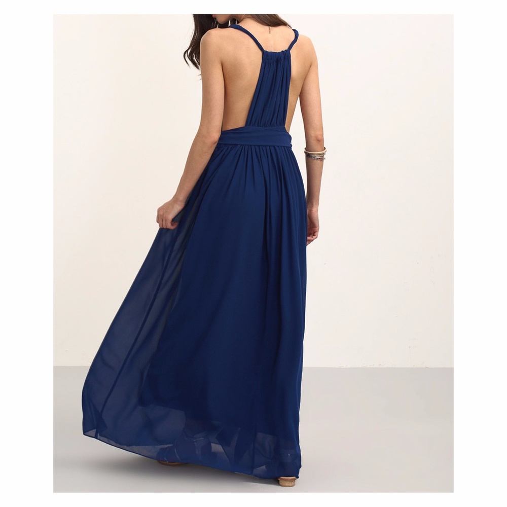 Navy Blue Plunge Deep V Neck Tie Waist Maxi Dress - Picture 5 of 8