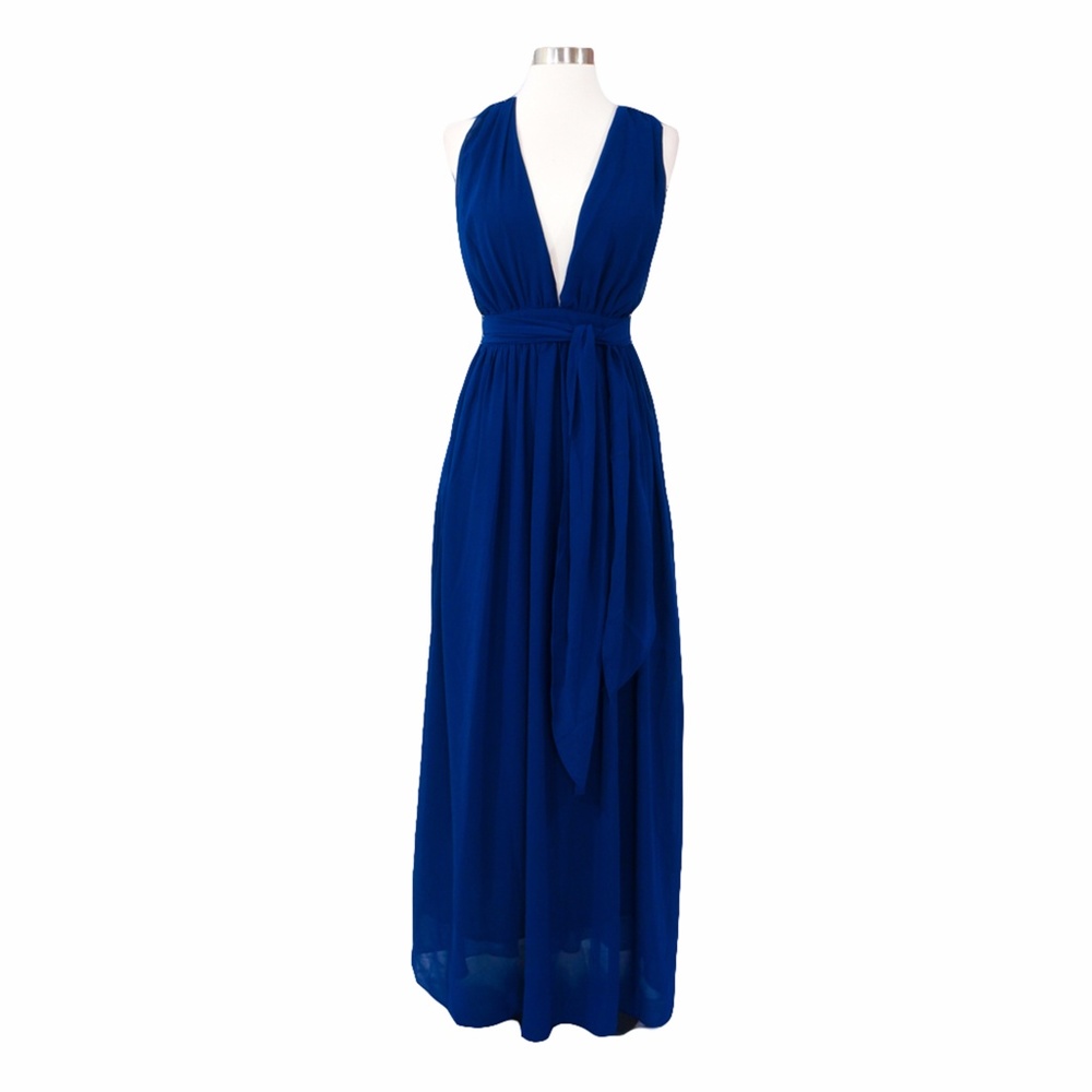 Navy Blue Plunge Deep V Neck Tie Waist Maxi Dress - Picture 6 of 8