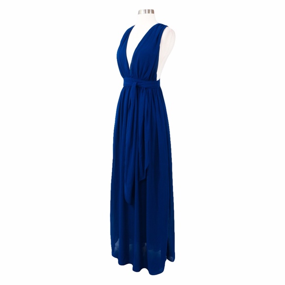 Navy Blue Plunge Deep V Neck Tie Waist Maxi Dress - Picture 7 of 8