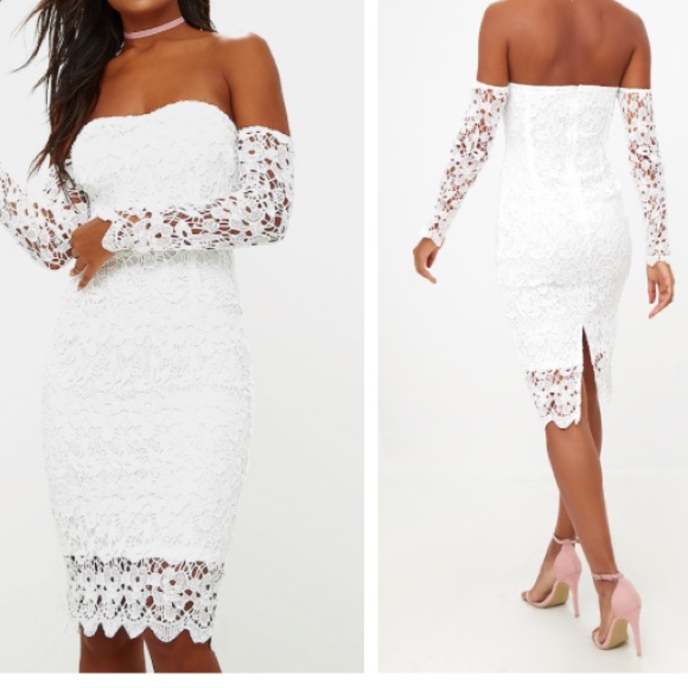 White dress, strapless, long sleeve