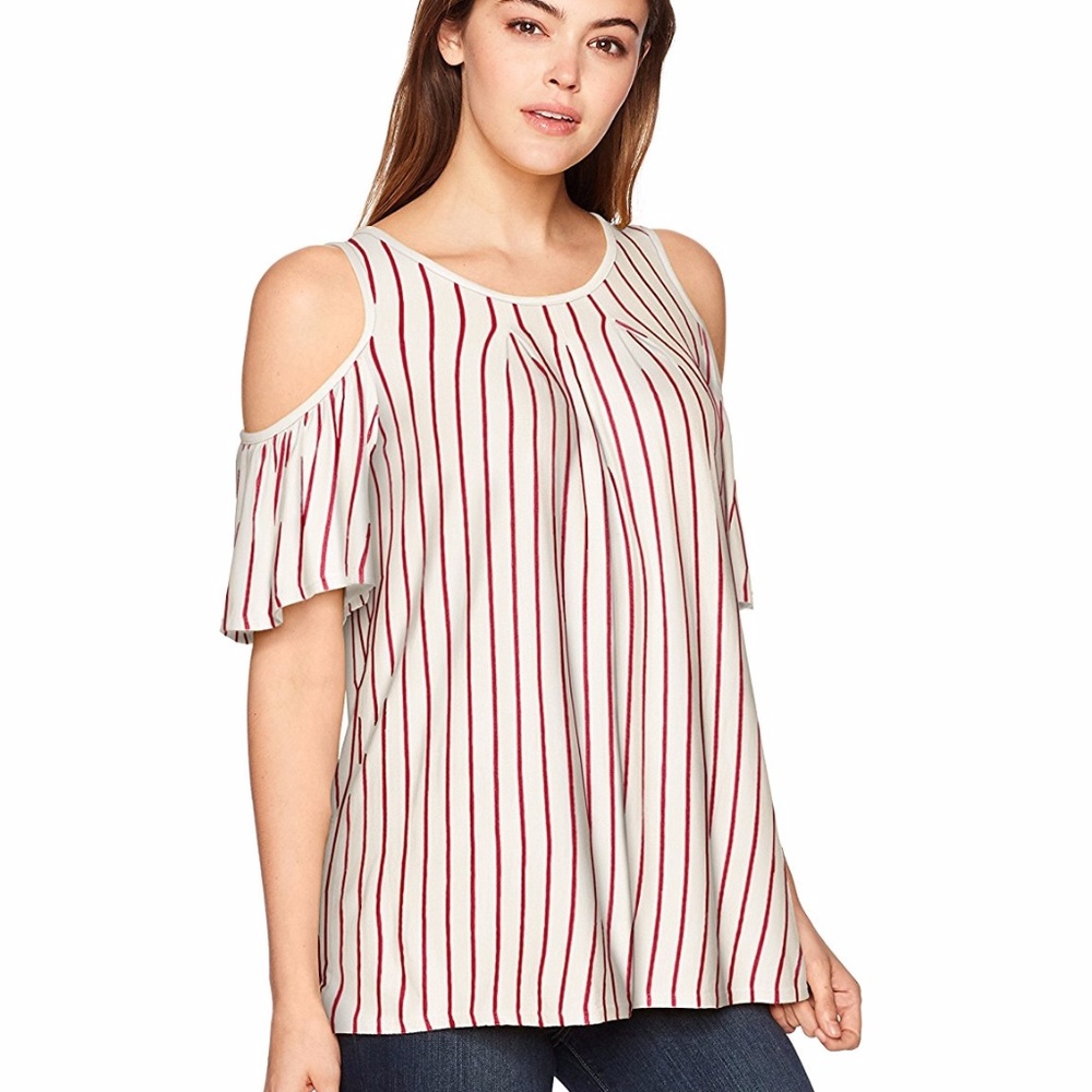 Max Studio Red & White Stripe Flutter Sleeve Top