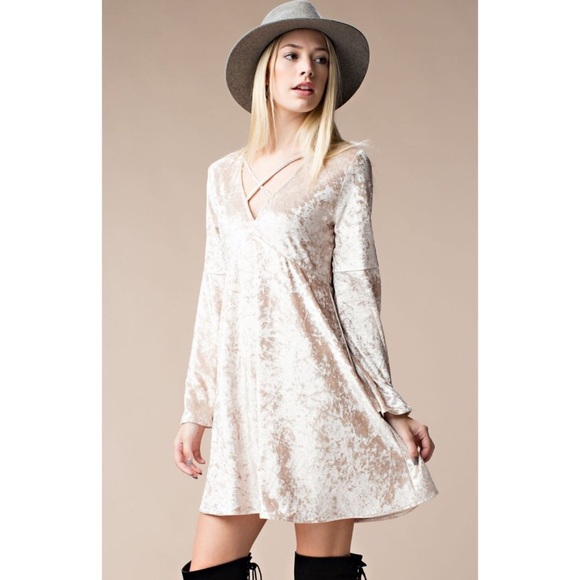 Champagne Bell Sleeves Velvet Flared Dress - Picture 2 of 7