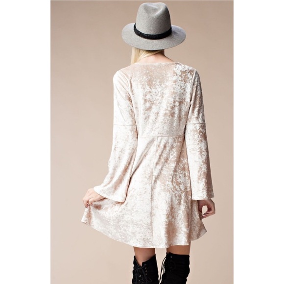 Champagne Bell Sleeves Velvet Flared Dress - Picture 3 of 7