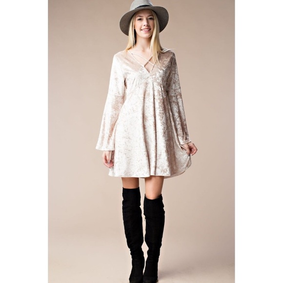 Champagne Bell Sleeves Velvet Flared Dress - Picture 5 of 7