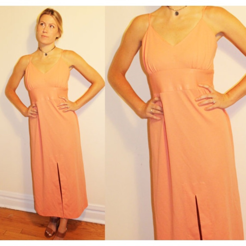 70s peach polyester spaghetti strap gown