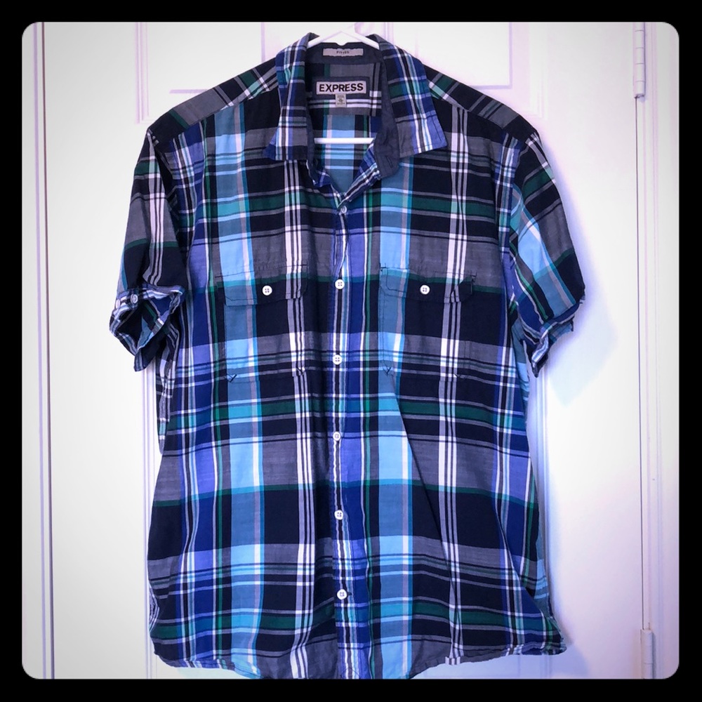 Fitted plaid cotton short sleeve button down shirt - Picture 1 of 5