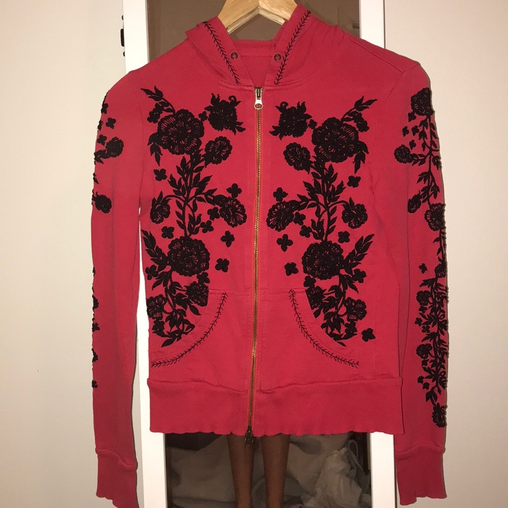 Pink free people hoodie black floral stitching