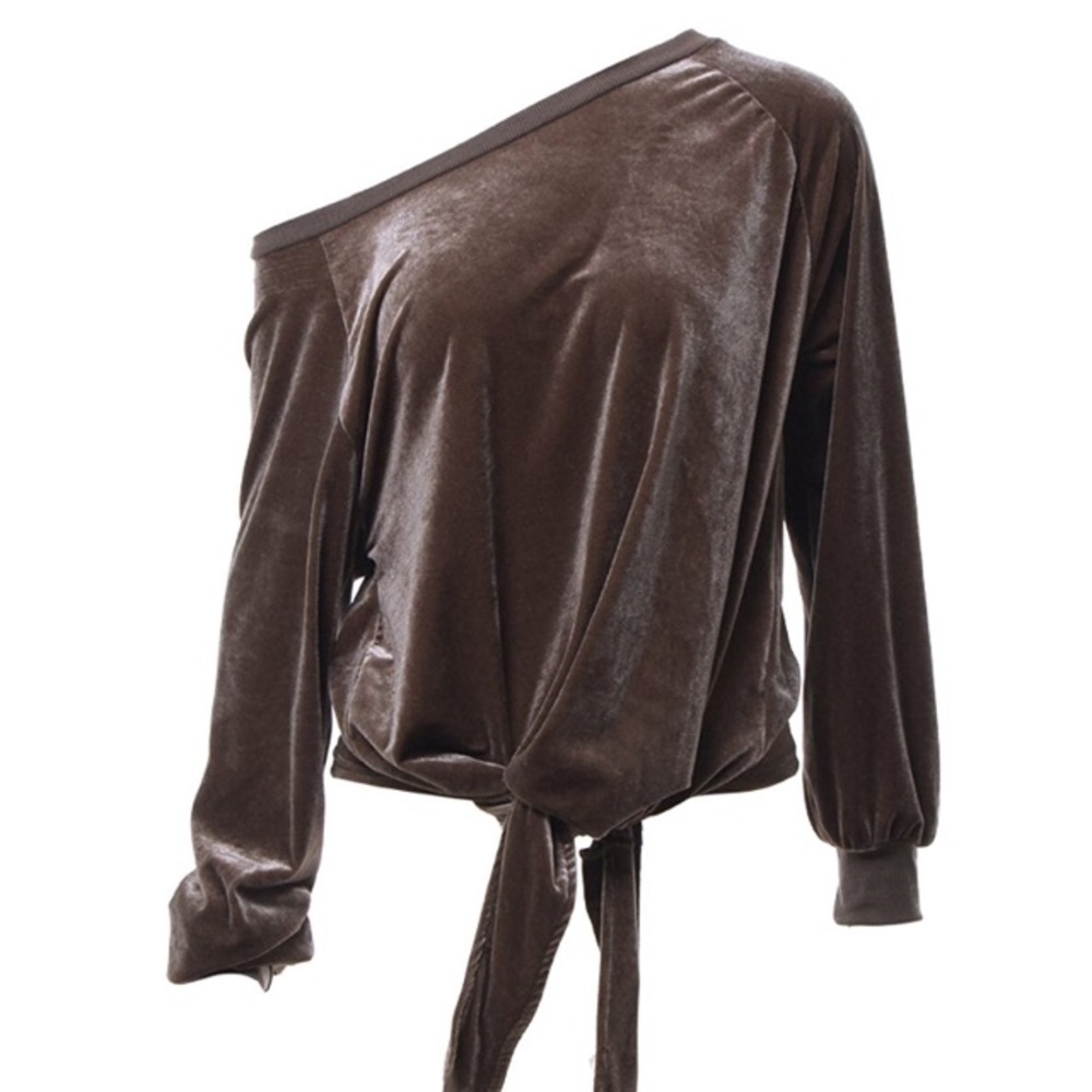 Off One Shoulder Velvet Tie Front Long Sleeve Top - Picture 3 of 4