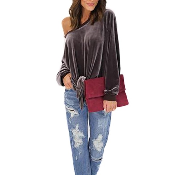 Off One Shoulder Velvet Tie Front Long Sleeve Top - Picture 2 of 4
