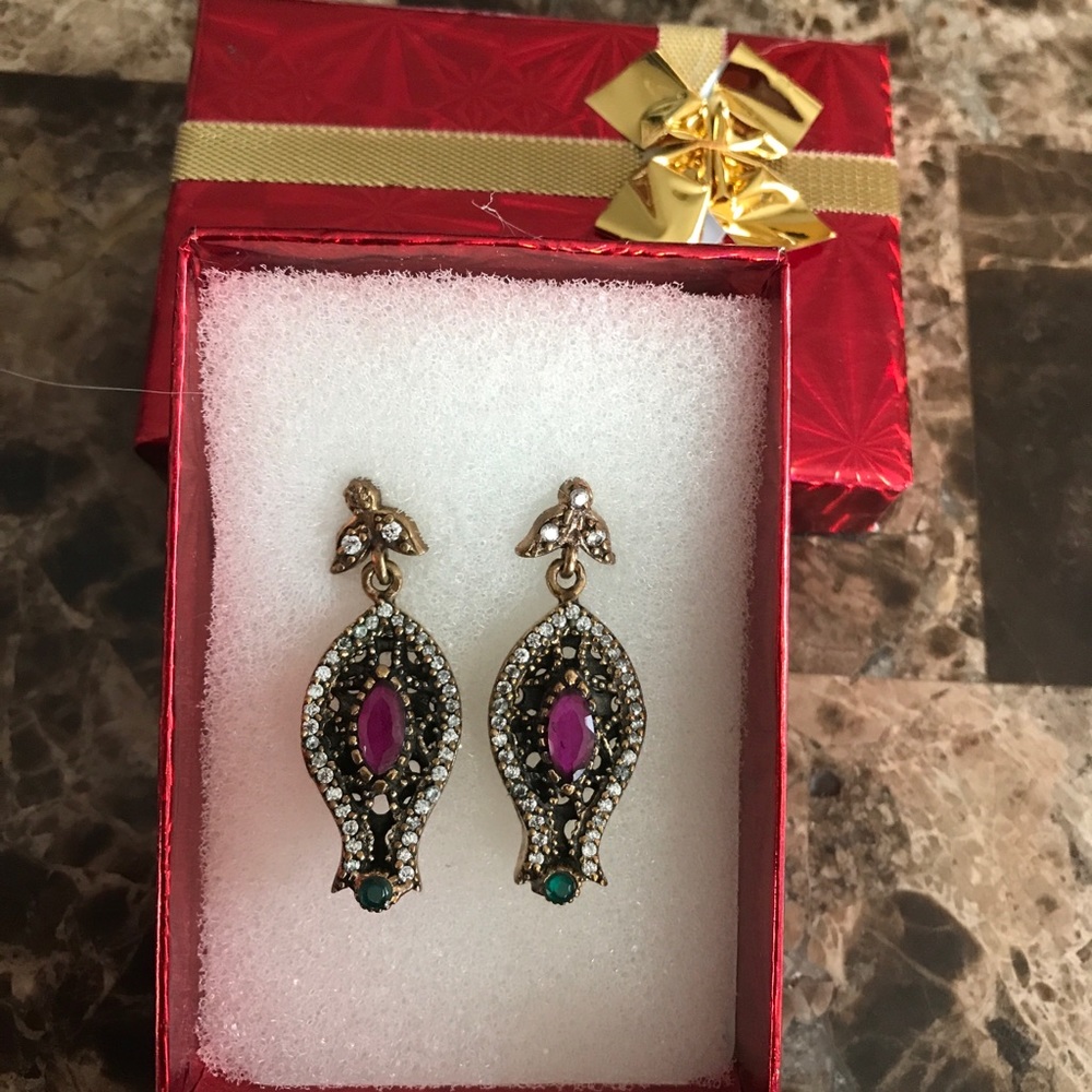 925 silver emerald,ruby and diamond earrings