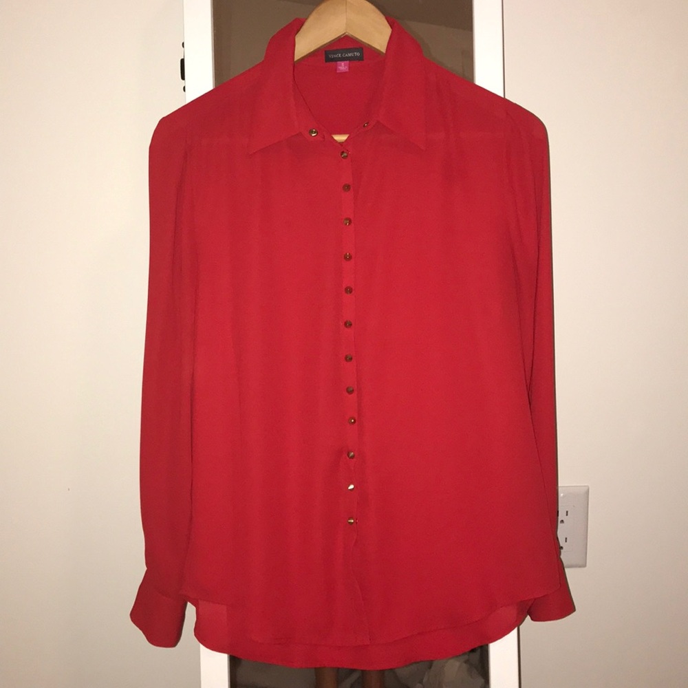 Red button down blouse with fun gold buttons