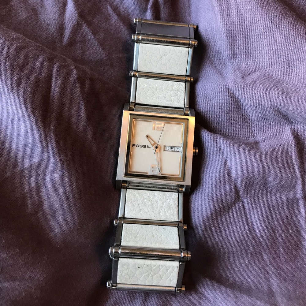 White Leather and Steel Fossil Watch