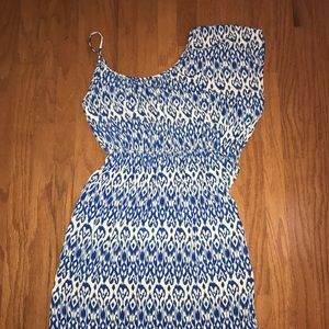 Blue and white ruffled one shoulder dress