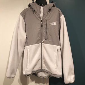 White/Grey hooded North Face Denali Jacket