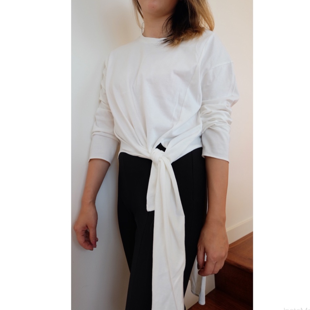 Zara White long sleeve Bow Tie Top SZ S
