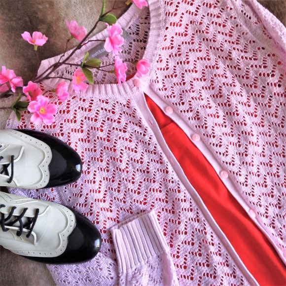 croft & barrow Sweaters - Pastel Pink Lace Open Knit Cardigan