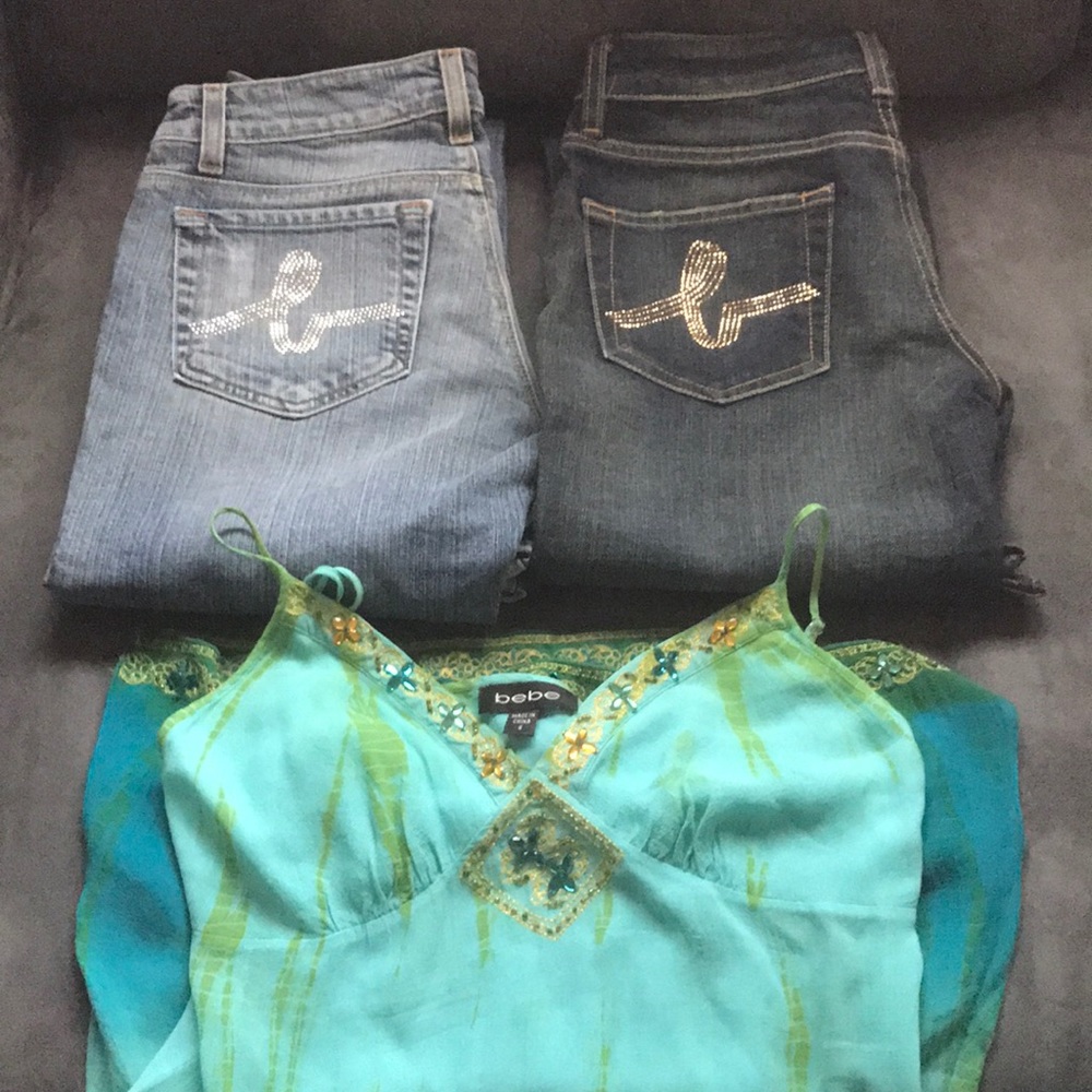 Bebe tank top with 2 pairs of Bebe jeans