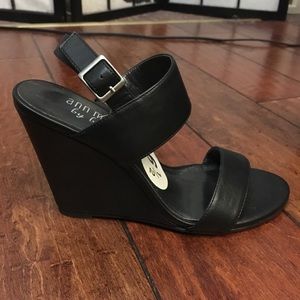 Black leather wedges