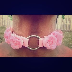 Pink Leather Floral Choker