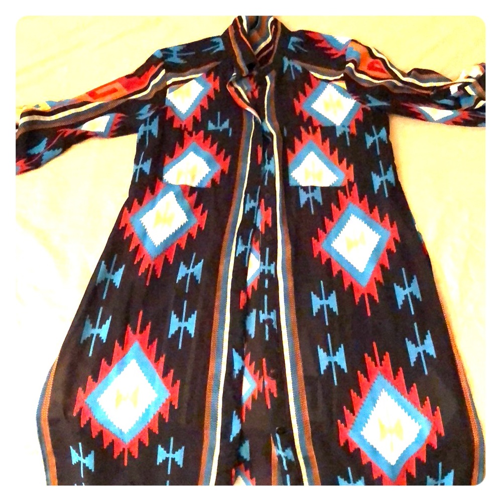 Long Aztec print button down