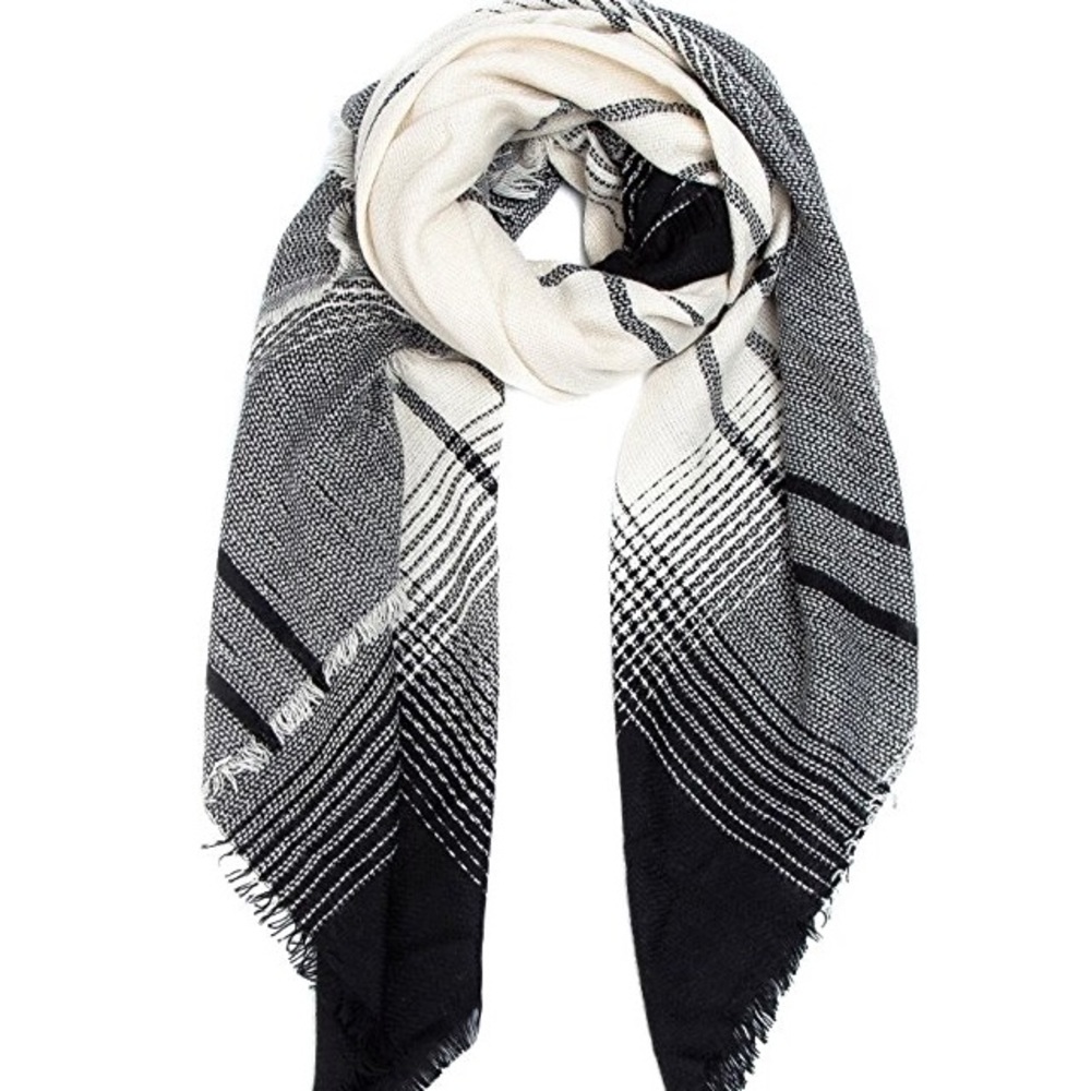 Cream Grey Black Ultra Plush Plaid Blanket Scarf - Picture 7 of 8