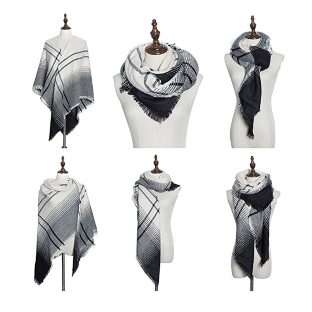 Cream Grey Black Ultra Plush Plaid Blanket Scarf - Picture 8 of 8