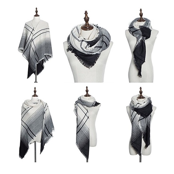 Cream Grey Black Ultra Plush Plaid Blanket Scarf - Picture 8 of 8