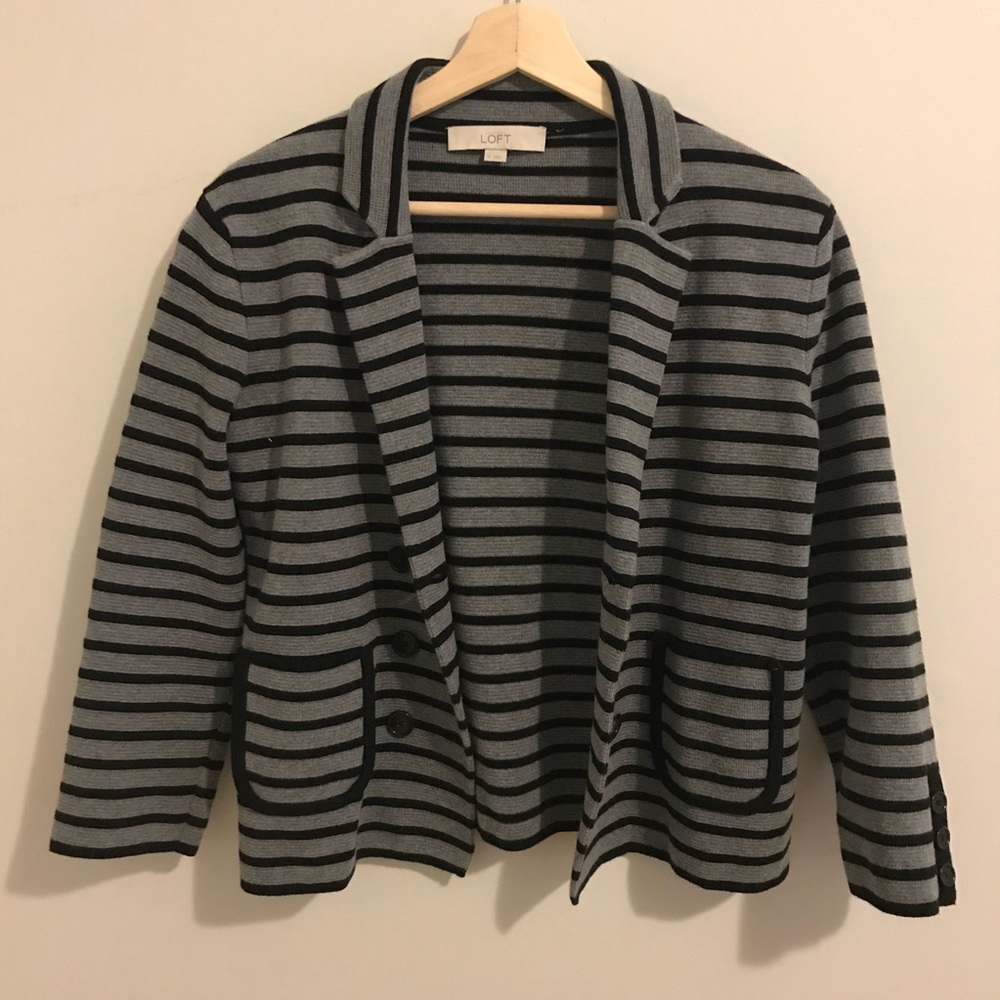 LOFT Cotton Cardigan Blazer Gray Black Striped Med