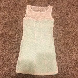 White and Teal lace dress.