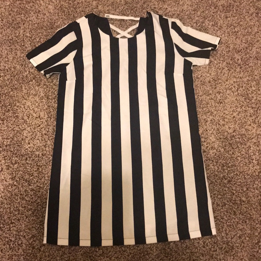 Black and white striped dress.