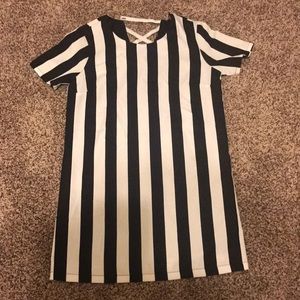 Black and white striped dress.