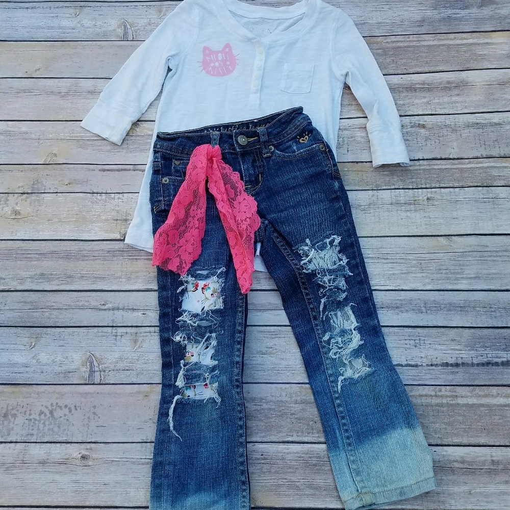 Girls Distressed Kitty Cat Denim Jeans Set Sz 6