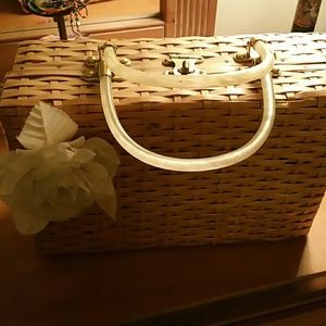 Vintage  straw purse with removable  white  silk f