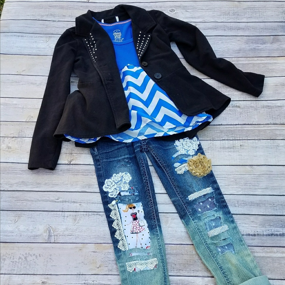 Girls 3 Piece Distressed Denim Jeans Upcycle Set