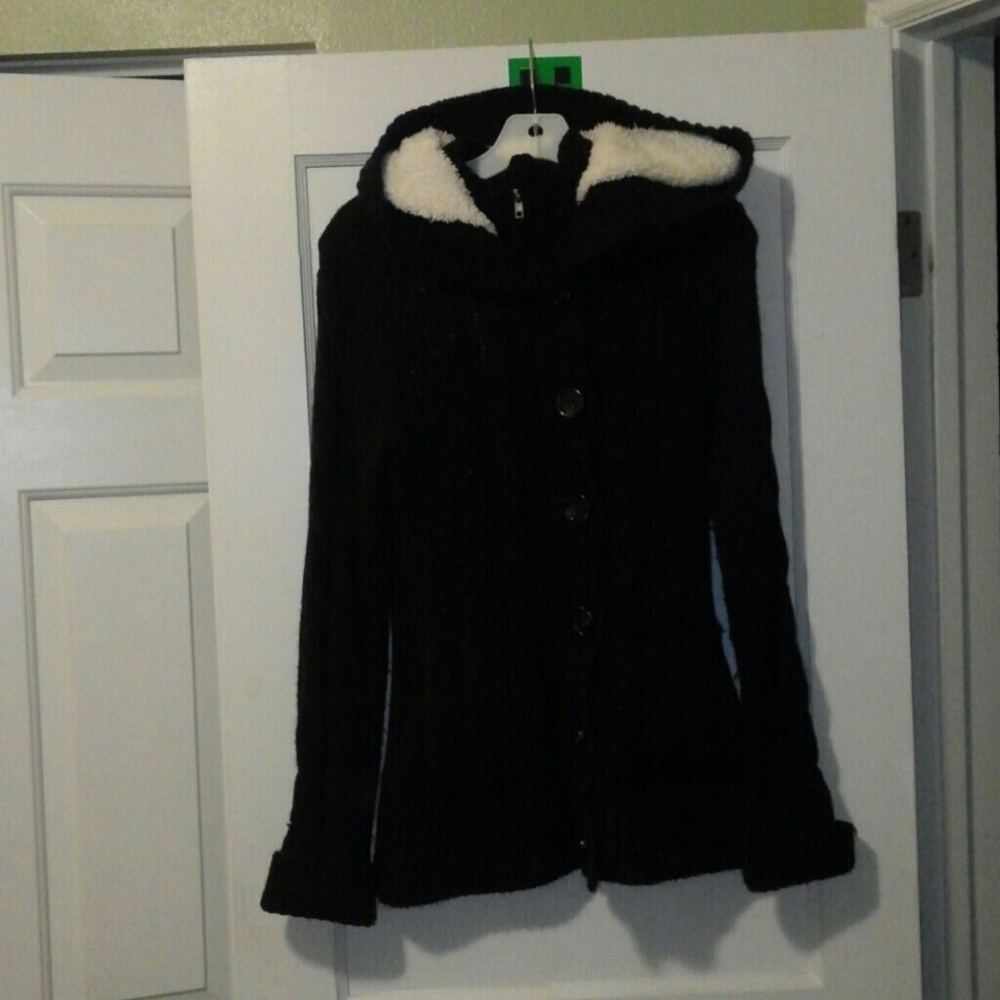 Black Sweater Hooded Fur Lined Jacket