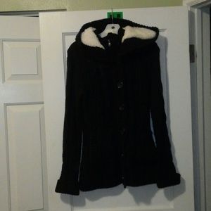 Black Sweater Hooded Fur Lined Jacket