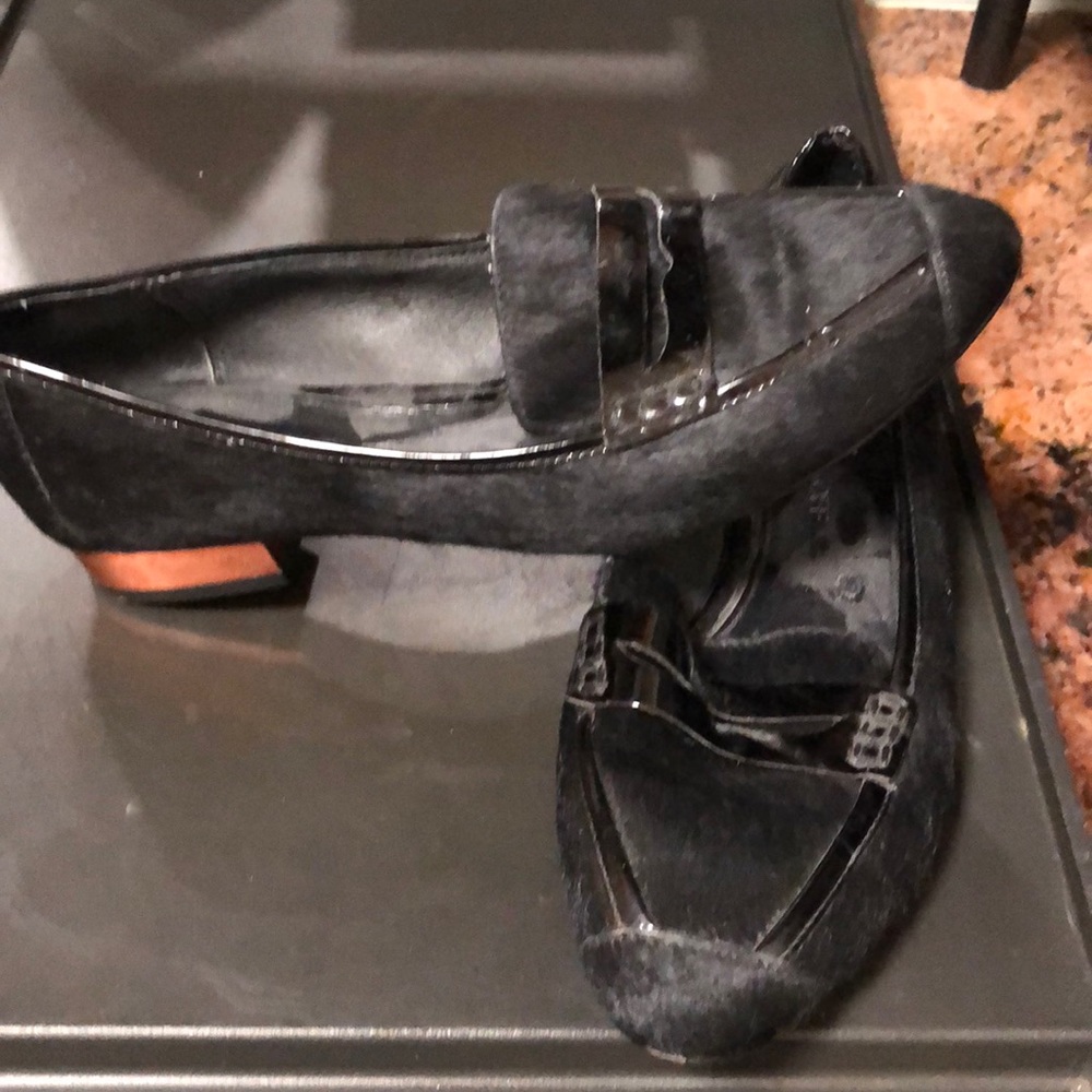 Rebecca Minkoff pony hair flats with rose gold