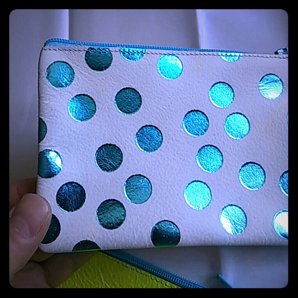 NWOT Metallic blue polka dot leather change purse