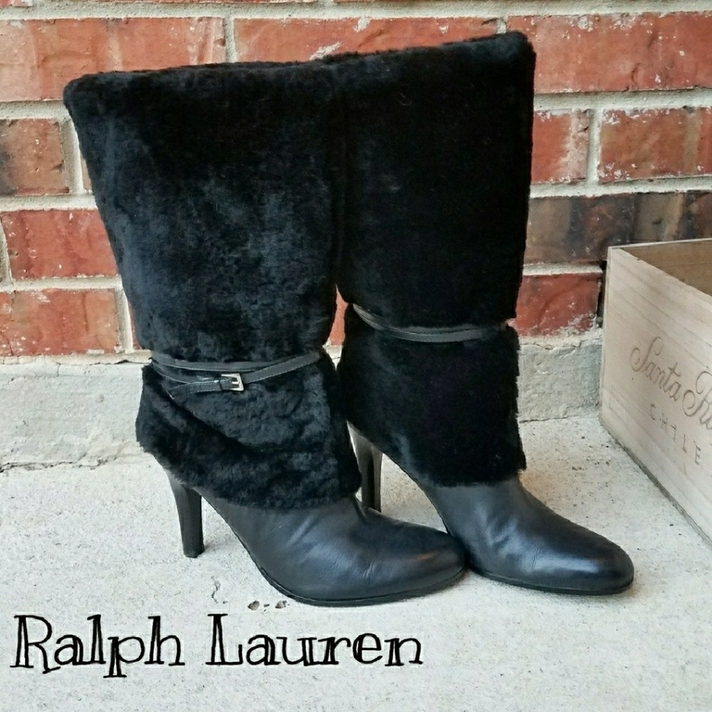 ❌SOLD Ralph Lauren Fur Black Leather Boots - Picture 1 of 8
