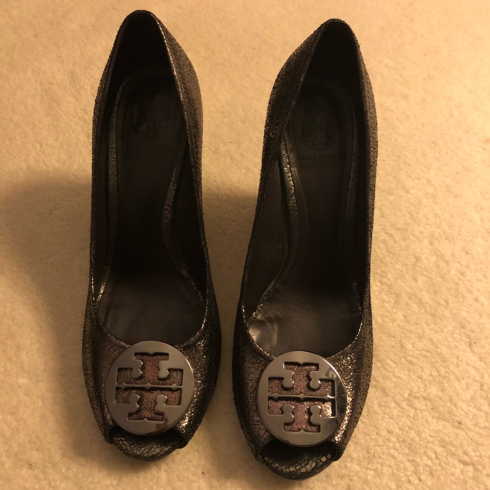 Classic Tory Burch peep toe wedges size 11 pewter