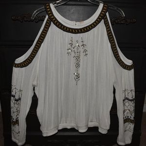 Free People Embellished Banded Open Shoulder Top