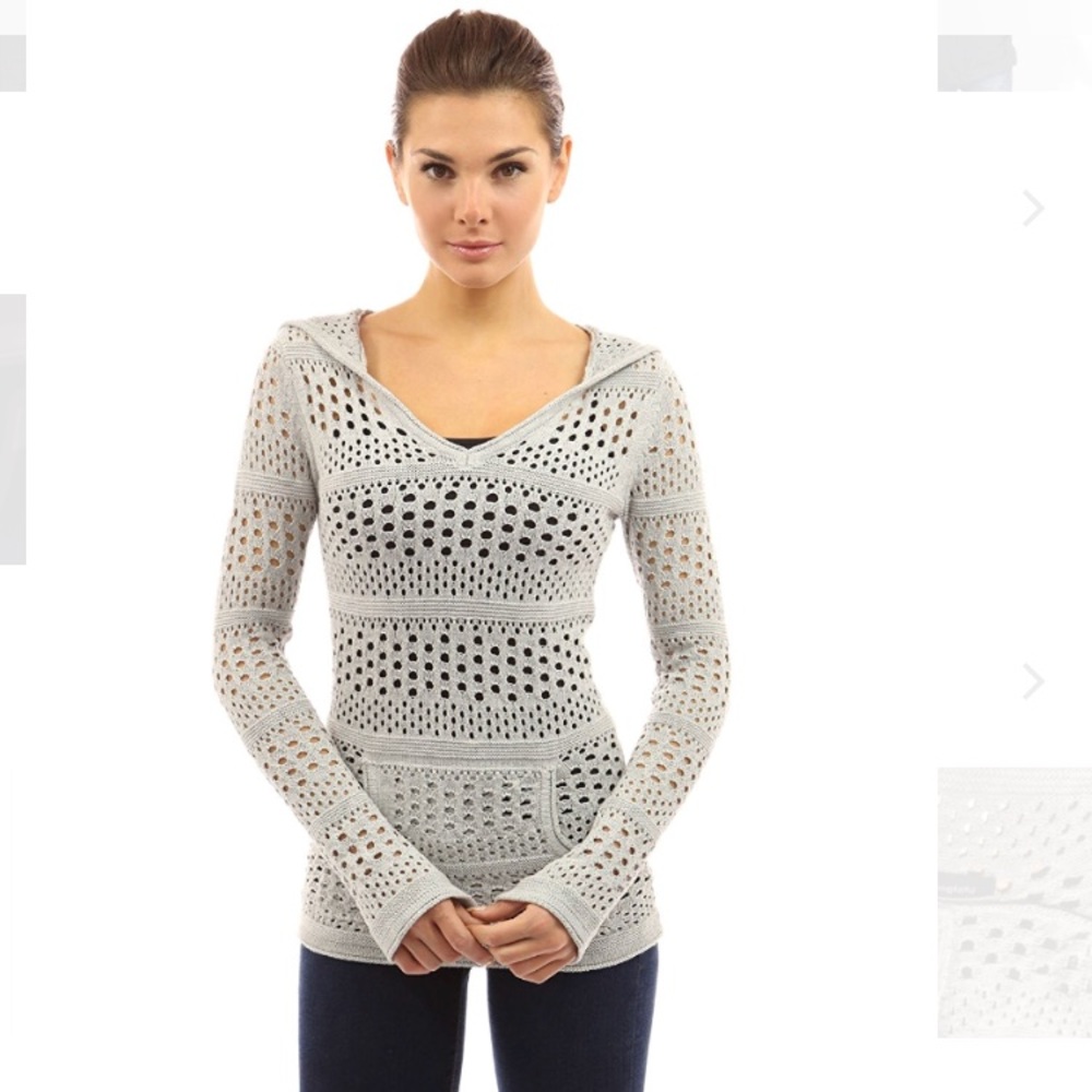 Open Stitch Knit Hoodie Top- Small, Light Gray
