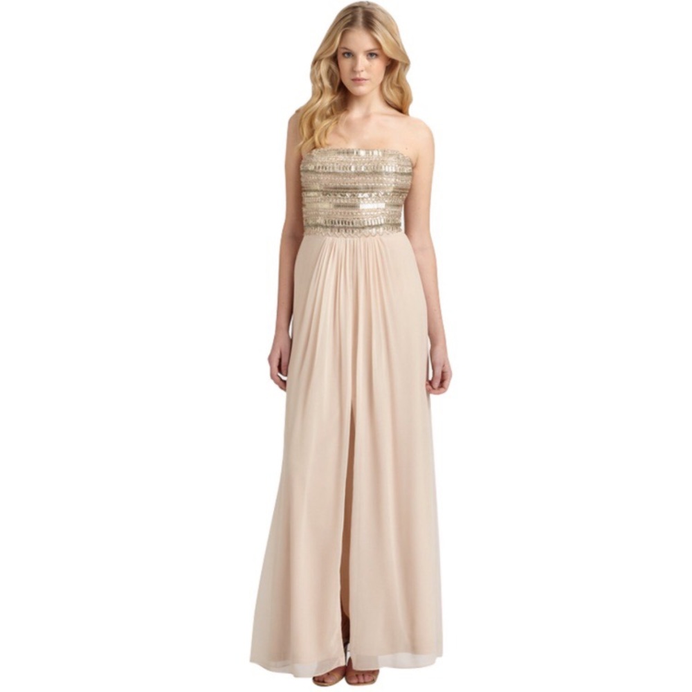 Blush Strapless Chiffon Gown with Beaded Bodice