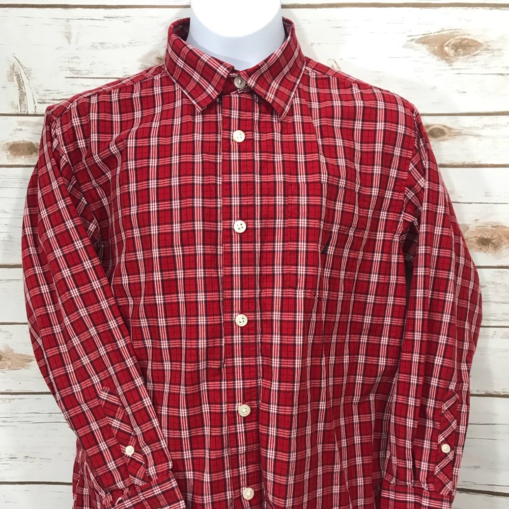 Nautica Boys Button Down Shirt Red Plaid M 10/12