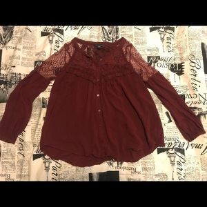 AE red mesh shoulder button up blouse
