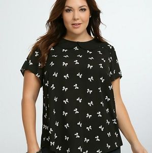 Torrid Sheer Black Collared Top w/ White Bows 3x
