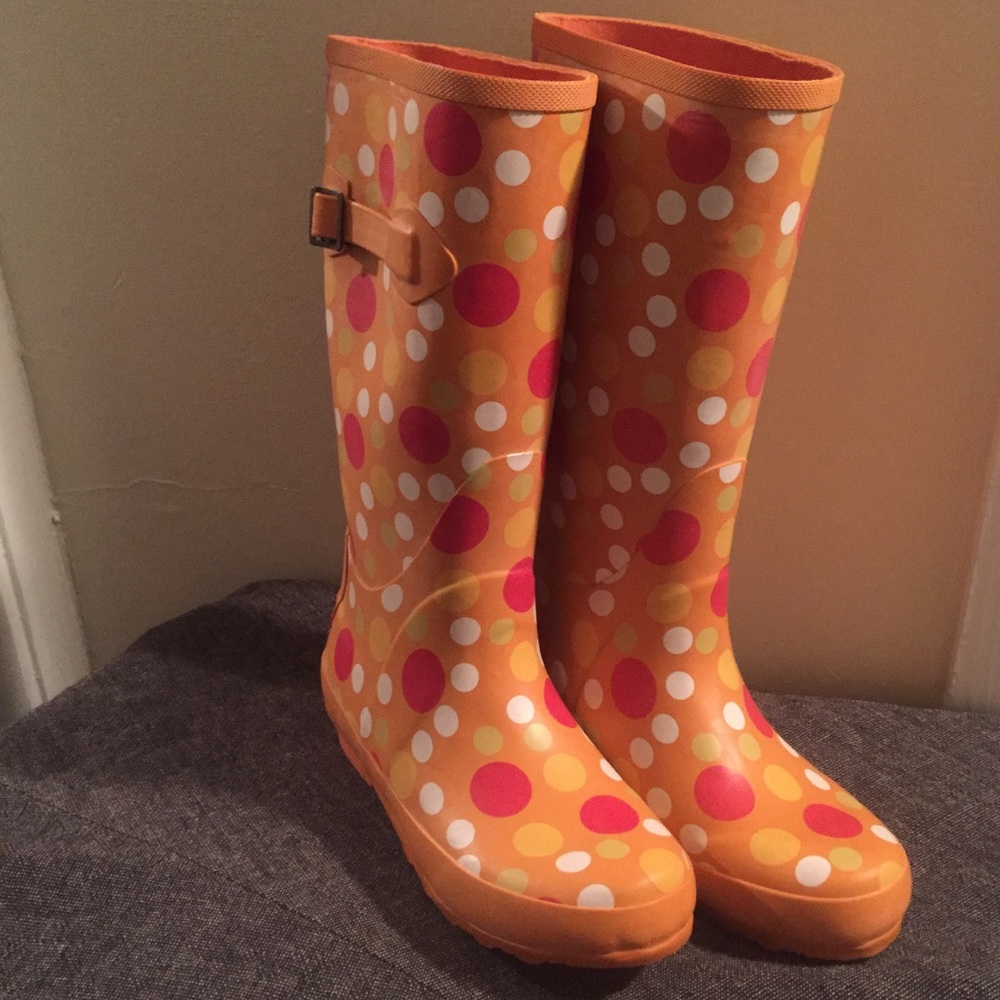 LL Bean wellies orange polkadot